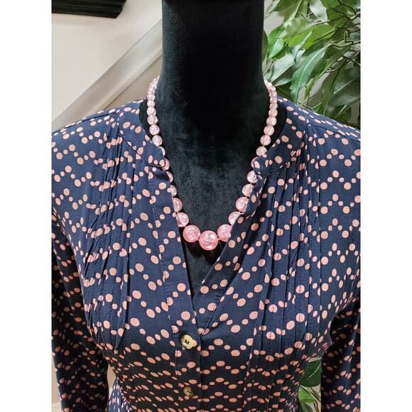 Anthropologie Maeve Navy Pink Polka Dot Long Sleeve Button Down V-Neck Blouse M - Picture 4 of 12